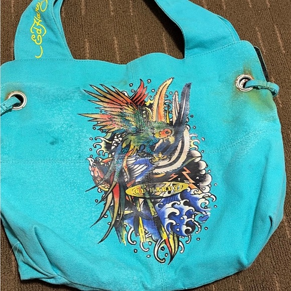 Ed Hardy Handbags - Ed Hardy Turquoise Parrot Graphic Canvas Tote